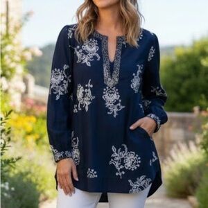 Chico’s Silk Blend Beaded Tunic Blouse XL Black Silver Elegant Evening Top NWT